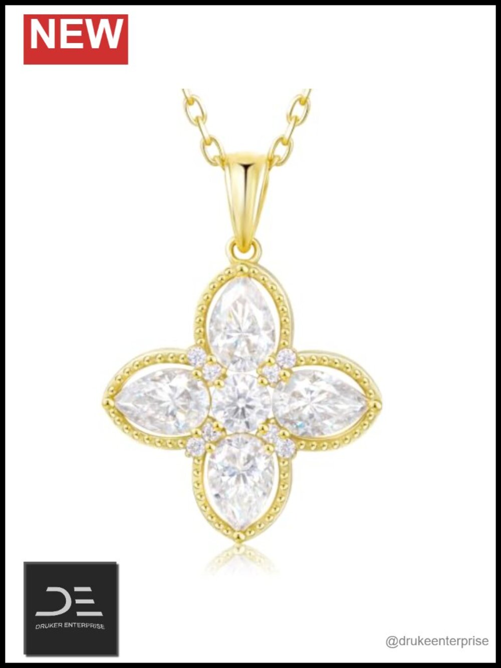 Moissanite Four-Leaf Clover Necklace 925 Sterling Silver 14K Gold Plated Dainty